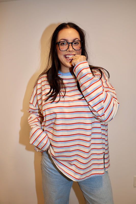 Wishlist - Red/Blue Oversized Striped Long-sleeve Top
