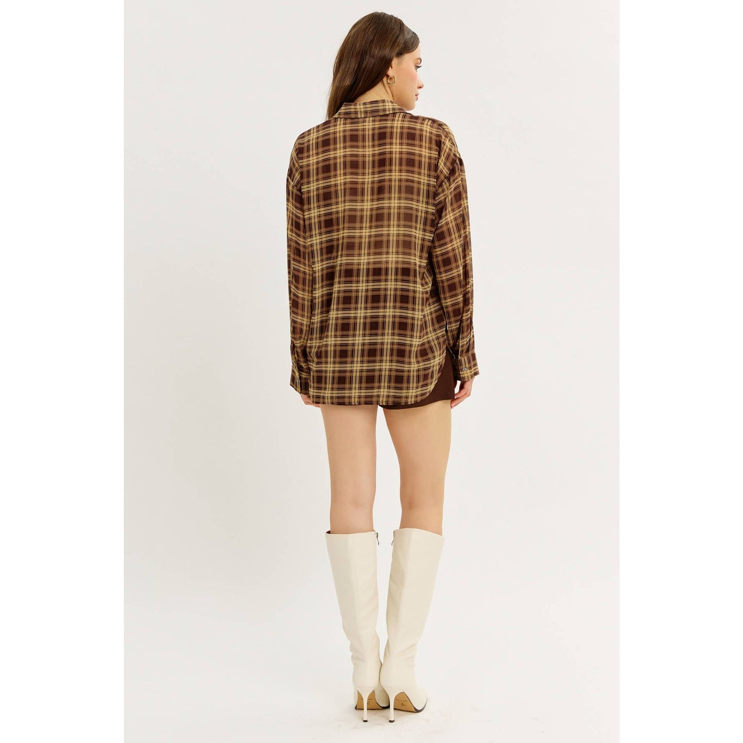 idem ditto - EDGY TRANSPARENT SHEER PLAID CHIFFON BUTTON-DOWN SHIRT
