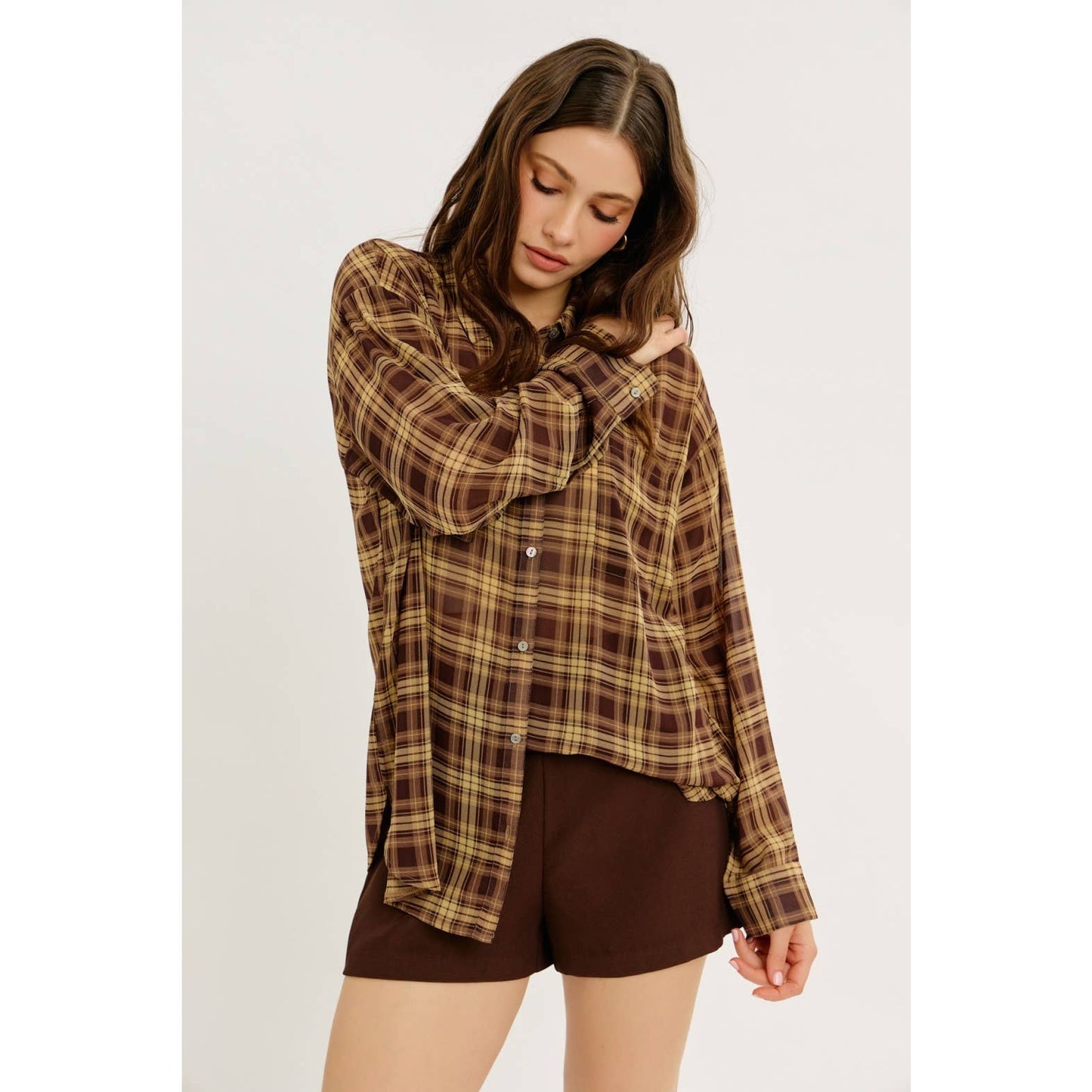 idem ditto - EDGY TRANSPARENT SHEER PLAID CHIFFON BUTTON-DOWN SHIRT