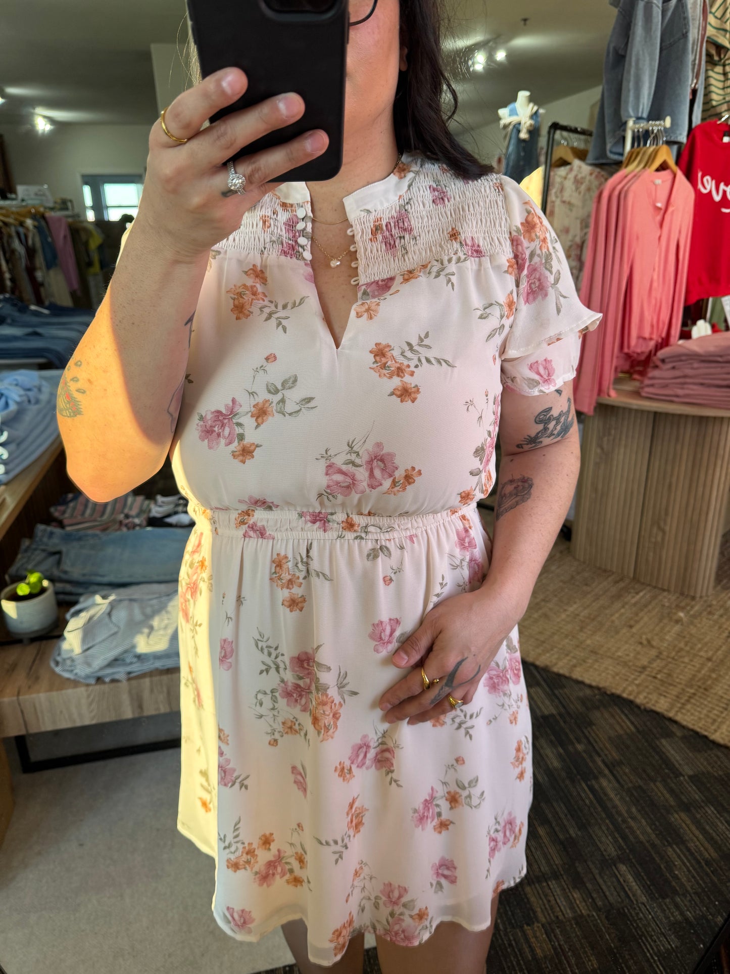 Lovestitch - Floral Smocked Yoke Flutter Sleeve Mini Dress