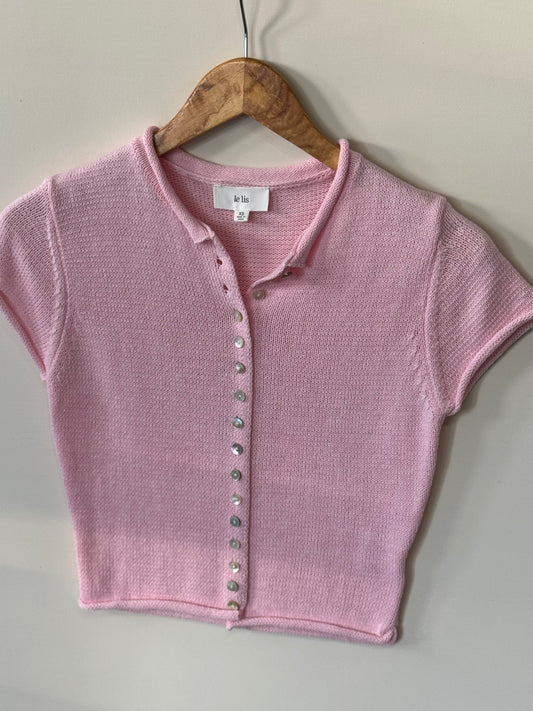 Le Lis - Pink Short Sleeve Fitted Cropped Sweater w/ Buttons