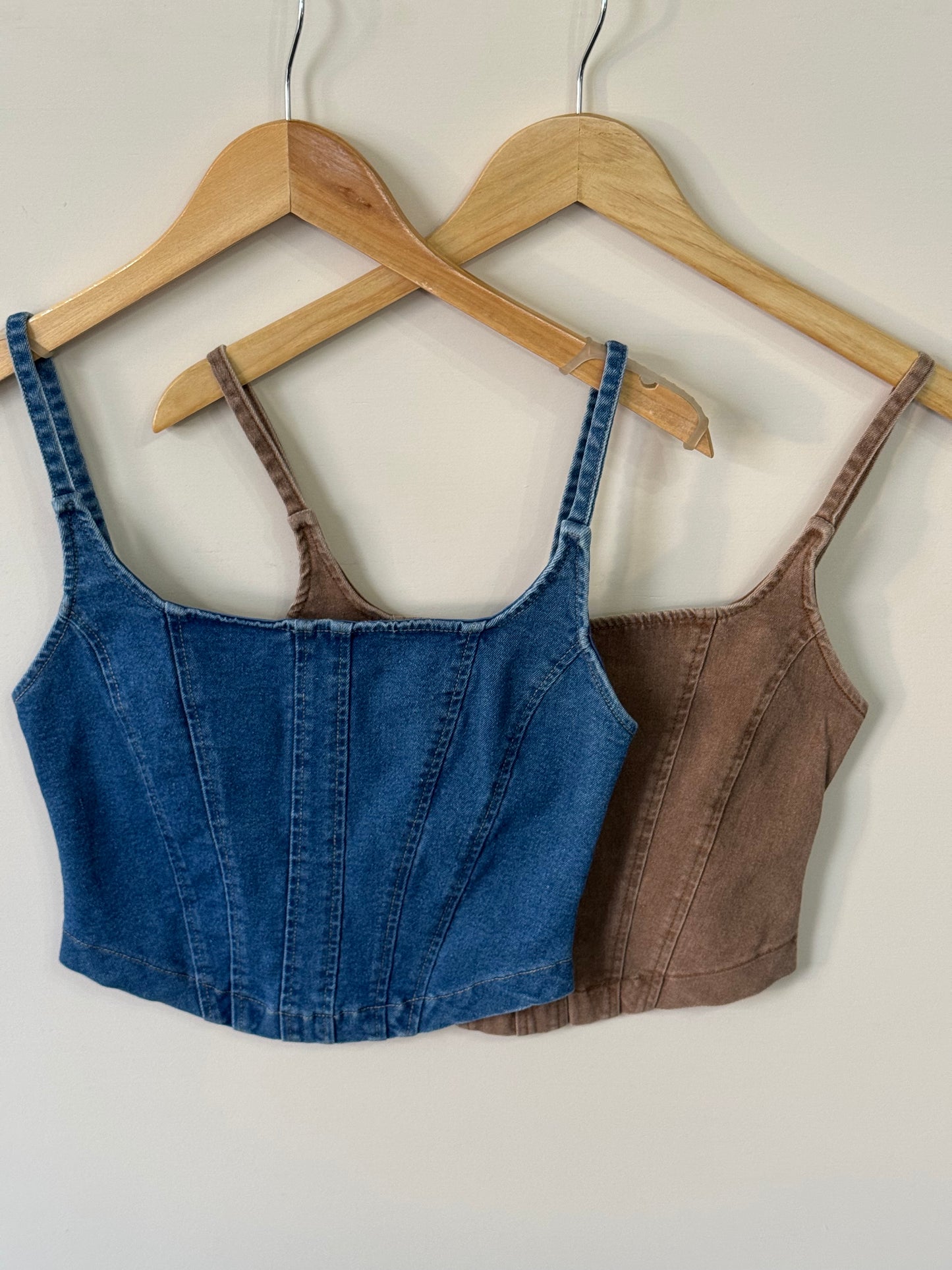 Timing - Corset Stitch Spaghetti-strap Denim Top w/ Zipper