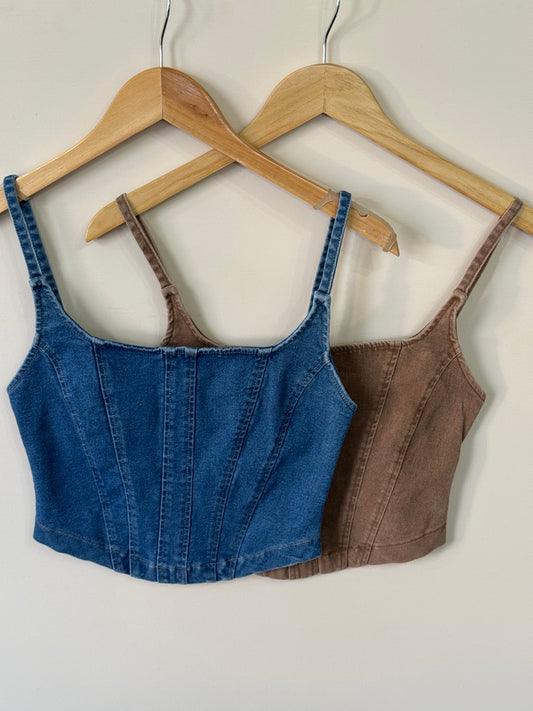 Timing - Corset Stitch Spaghetti-strap Denim Top w/ Zipper