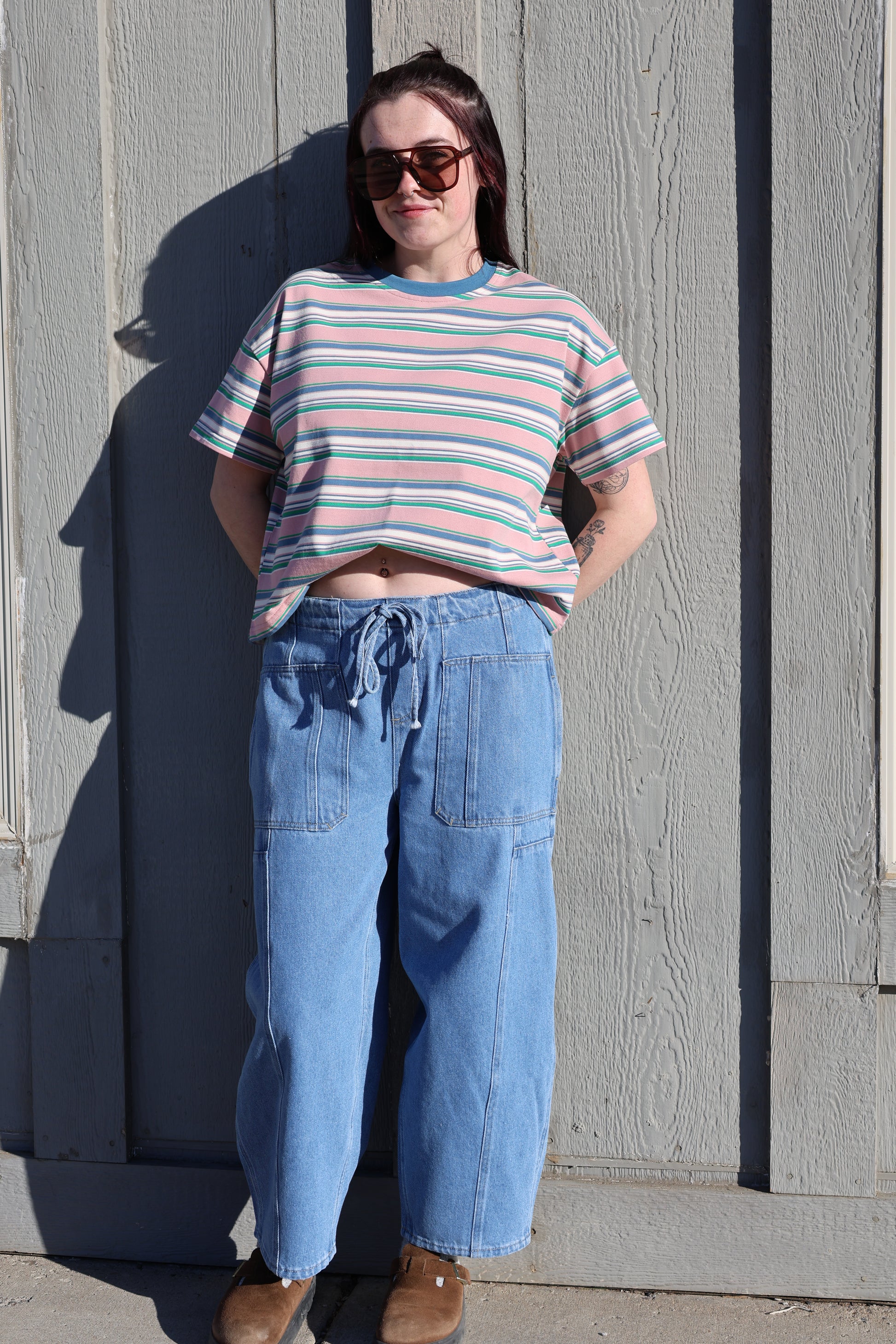 Striped short sleeve shirt, 90’s inspired tee, barrel pants