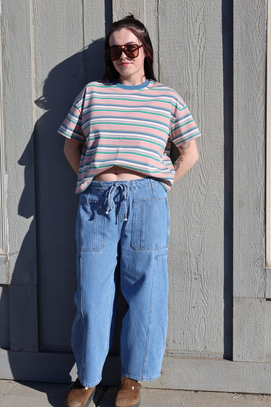 Striped short sleeve shirt, 90’s inspired tee, barrel pants