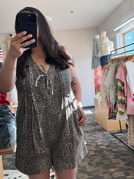 Wishlist - Denim Leopard Print V-neck Romper w/ Pockets
