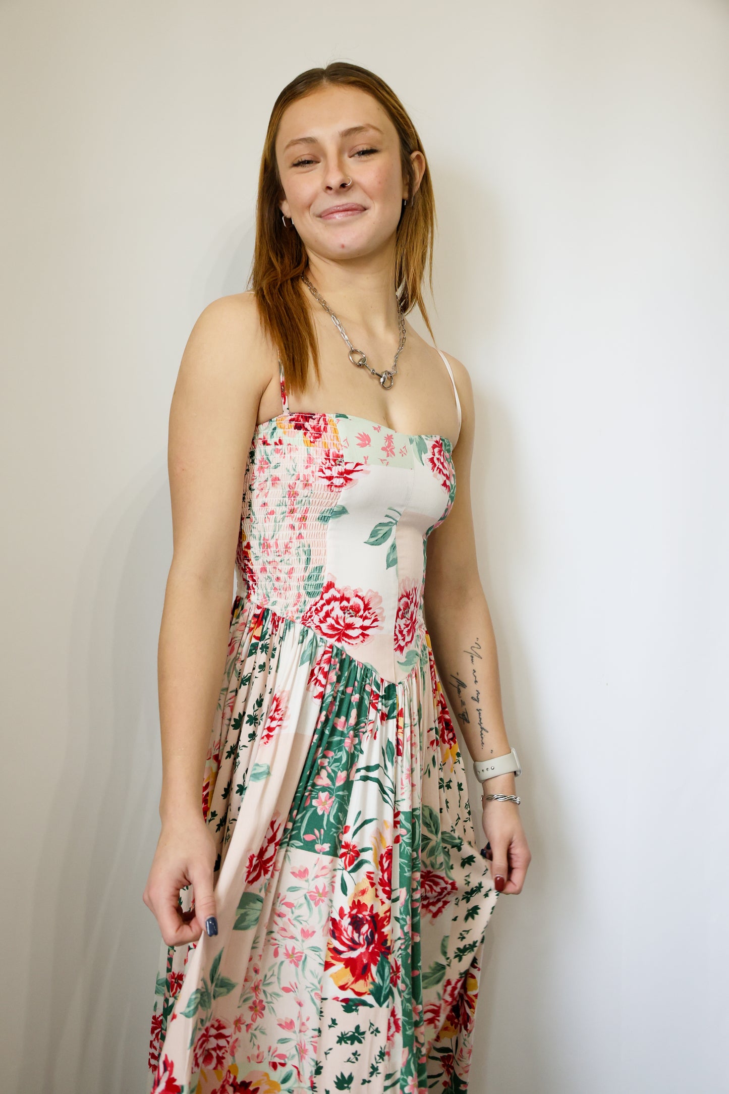 Sky to Moon - FLORAL PATCH PRINT SLEEVELESS SMOCKED MIDI DRESS