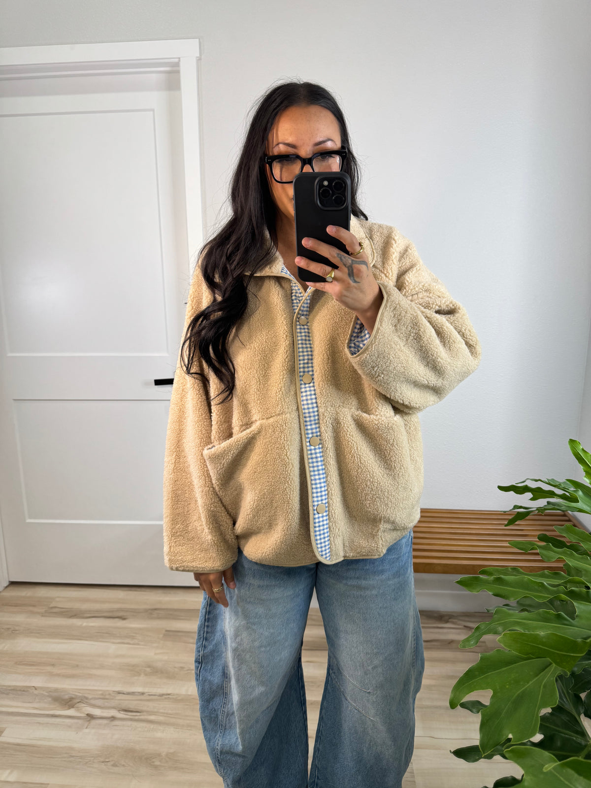 Are You Joking gingham sherpa snap jacket