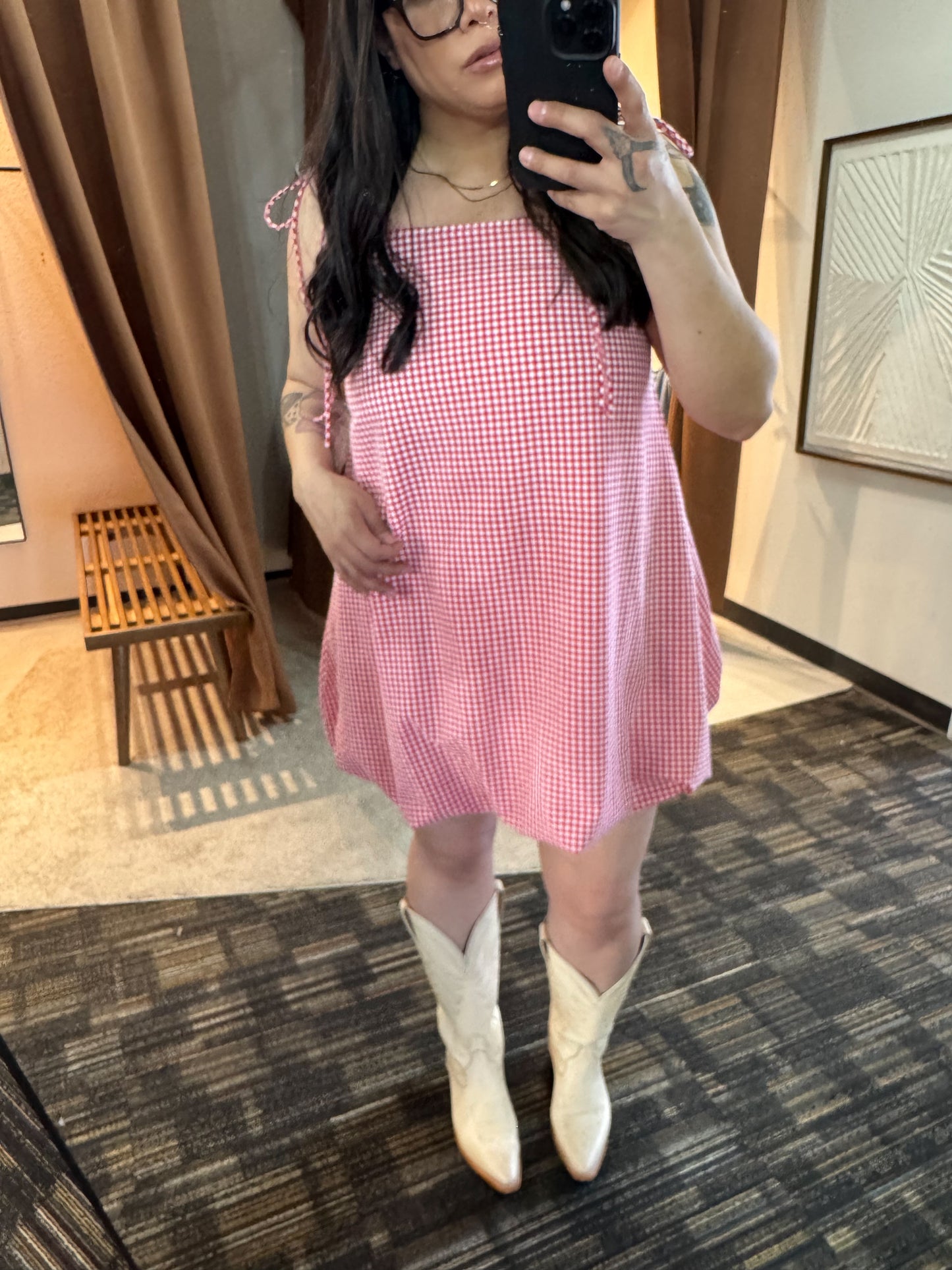 Things Between - Red Gingham Bubble Hem Dress w/ Pockets