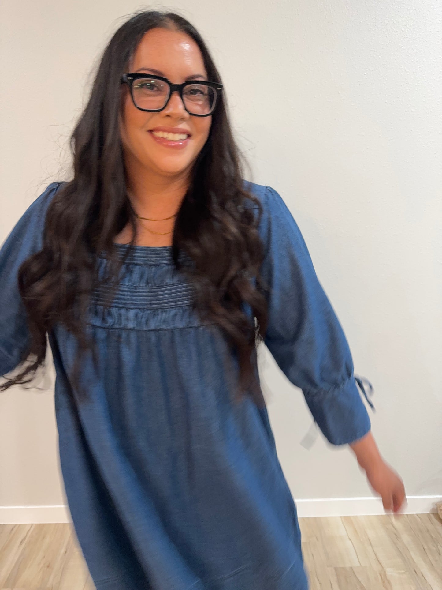 Mustard Seed - Square-Neck Smocked Denim Trapeze Dress
