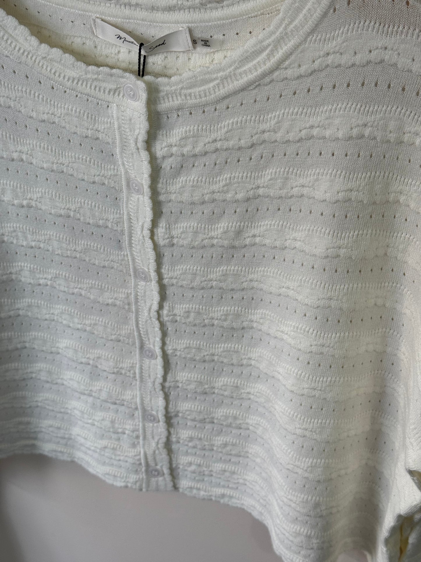 Mustard Seed - Scalloped Edge Pointelle Cropped Cardigan