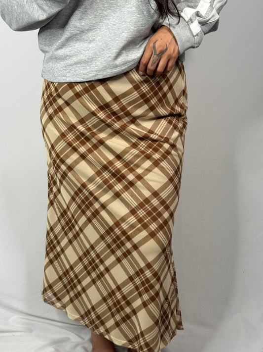 Wishlist - Brown/Multi Plaid Meshed Midi Skirt