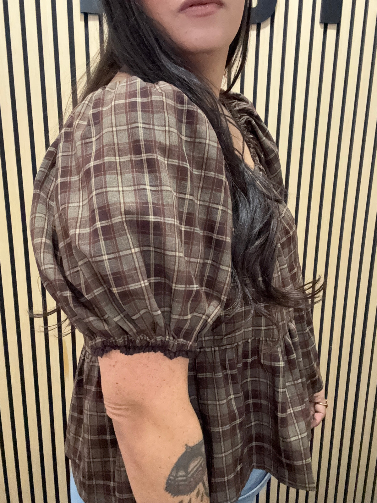 Falling For You plaid puff sleeve plaid peplum blouse
