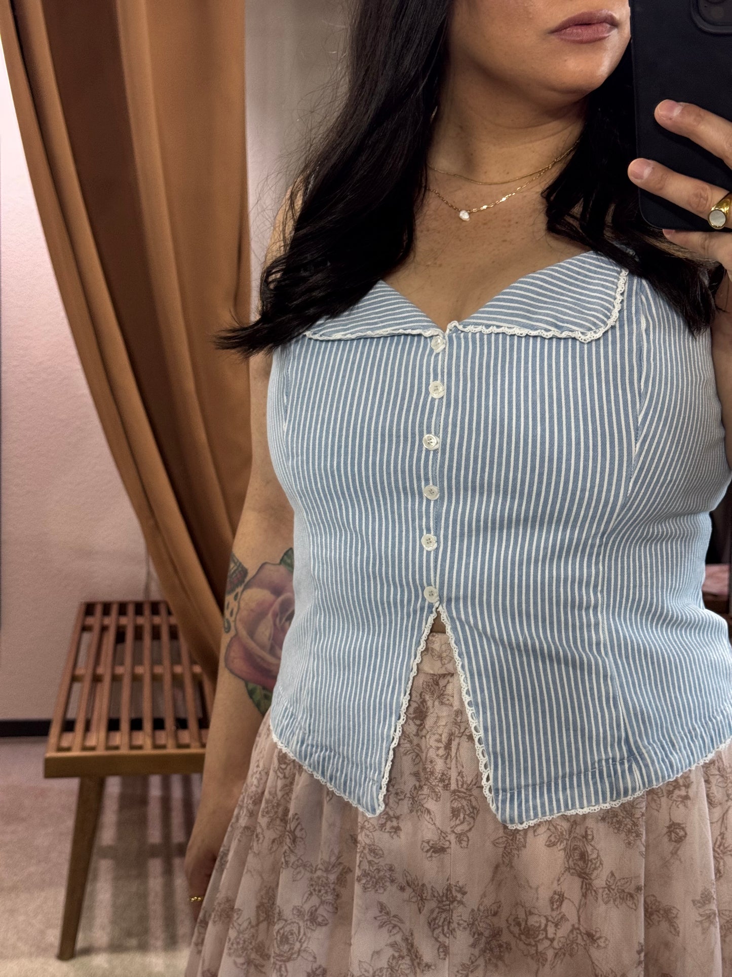 SKIES ARE BLUE light wash denim vest with lace trim