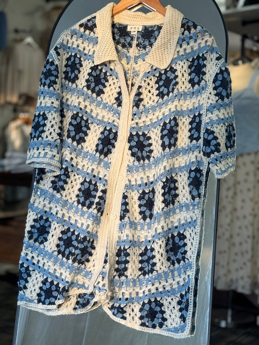 POL - Blue Crochet Button-up Cardigan