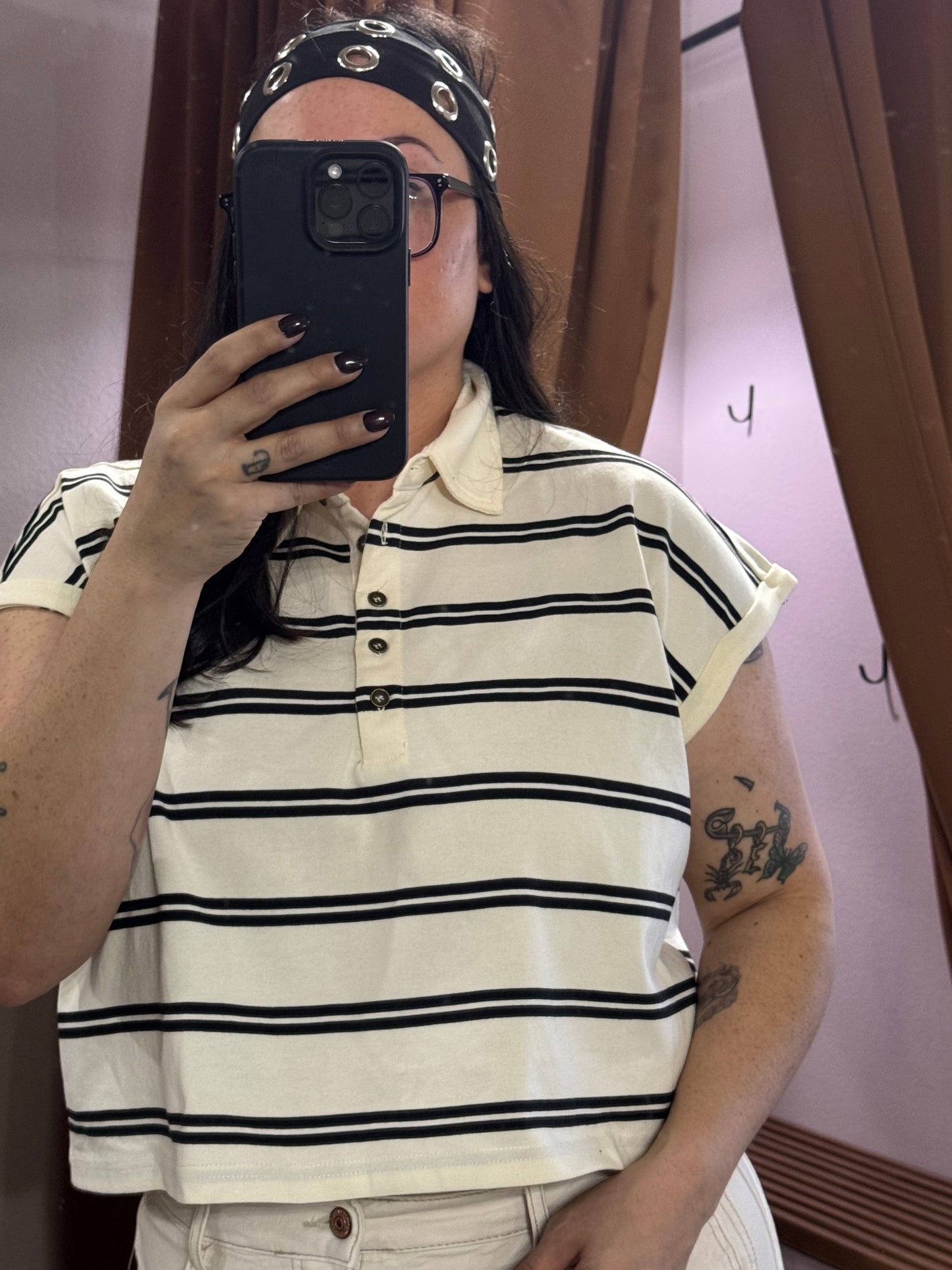 Blu Pepper - STRIPE COLLARED SHORT SLEEVE BOXY KNIT TOP