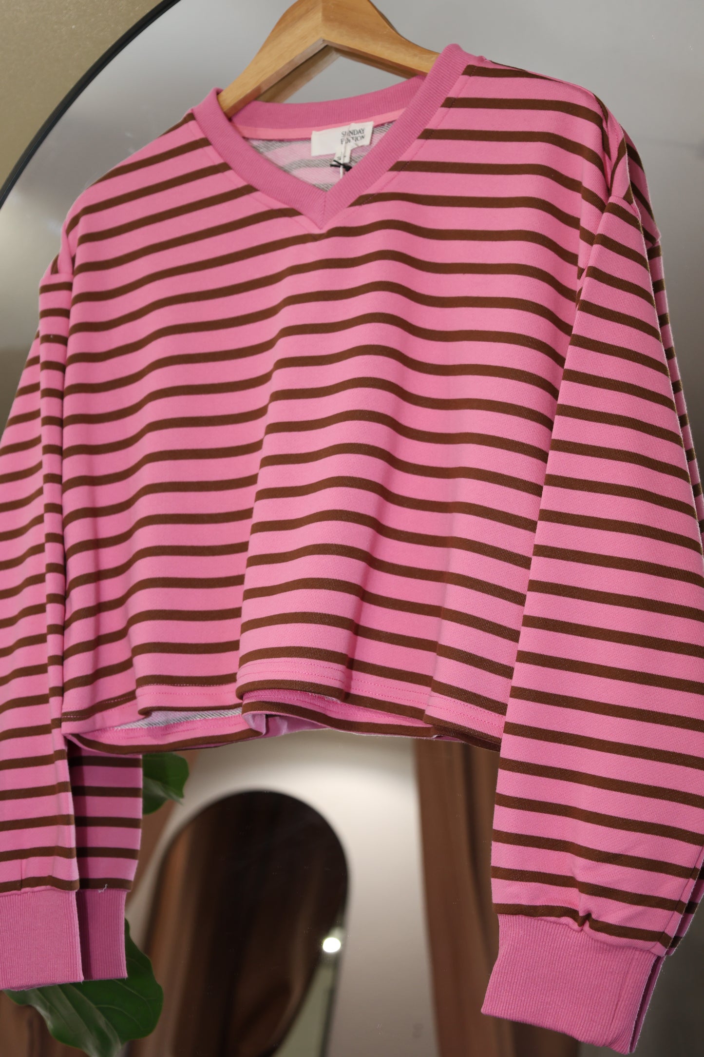 Sunday Edition Pink & Brown Striped Crop Sweater