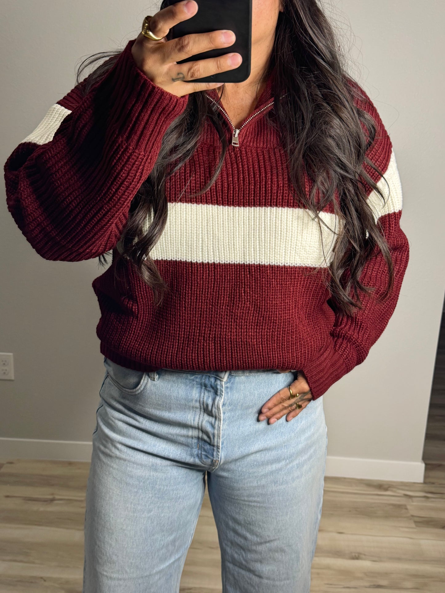 Buttermelon - Maroon/Ivory Stripe Thick Knit Quarter Zip Sweater