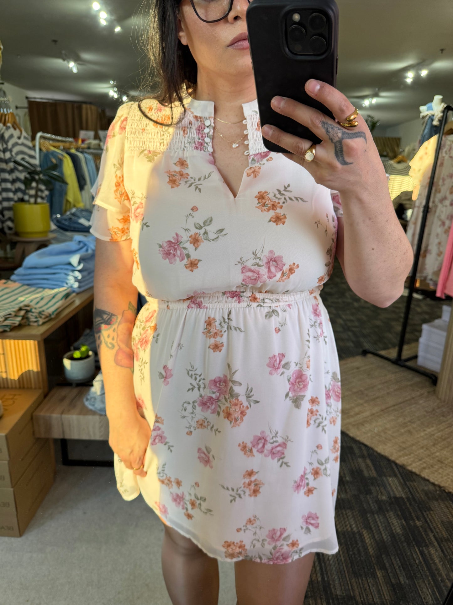 Lovestitch - Floral Smocked Yoke Flutter Sleeve Mini Dress