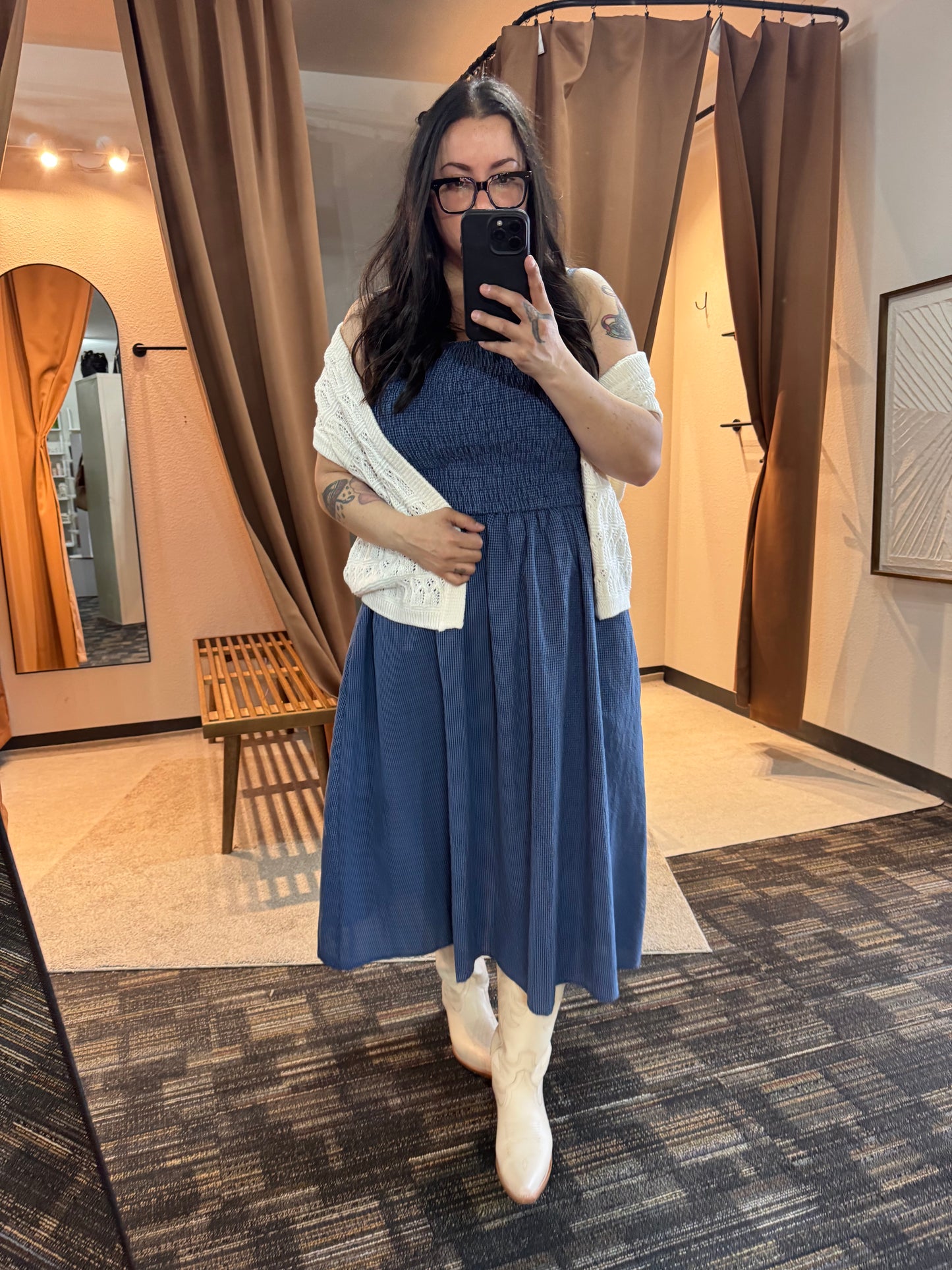 Things Between - Blue/Black Gingham Smocked Bodice Midi Dress