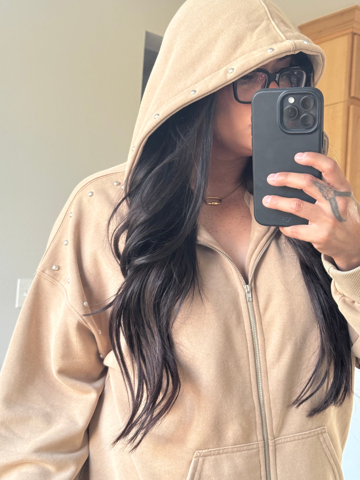 Le Lis - Beige Washed Effect Studded Zip-up Hoodie