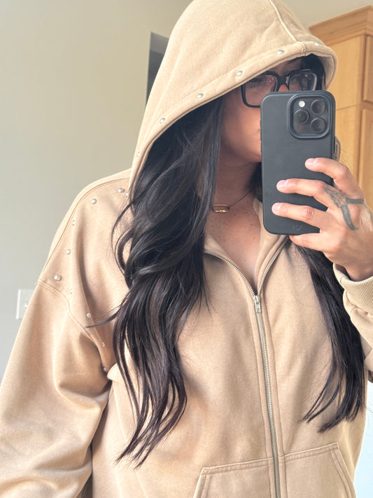 Le Lis - Beige Washed Effect Studded Zip-up Hoodie