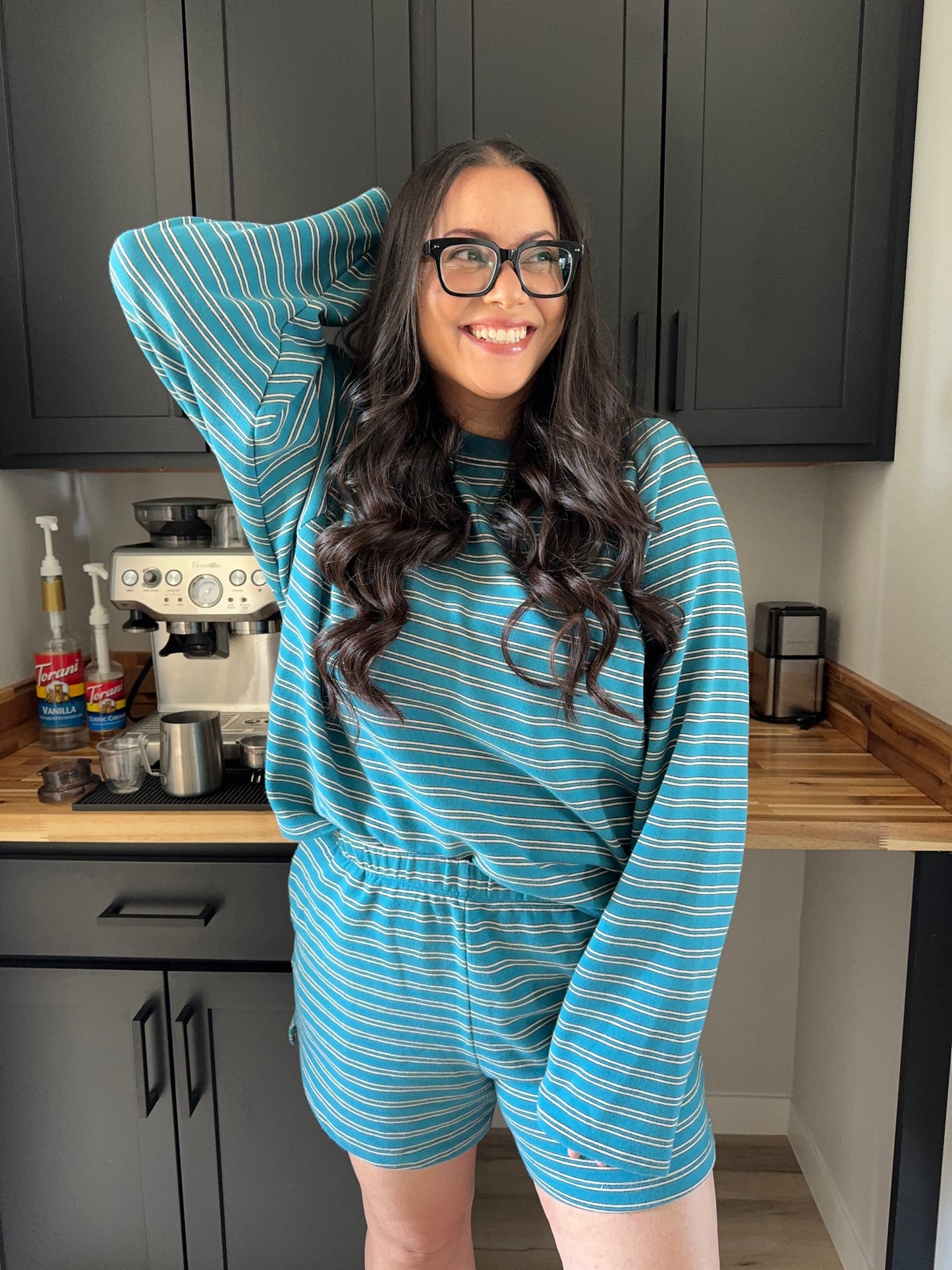 Things Between - Teal/Cream Striped Oversized Crewneck Sweater