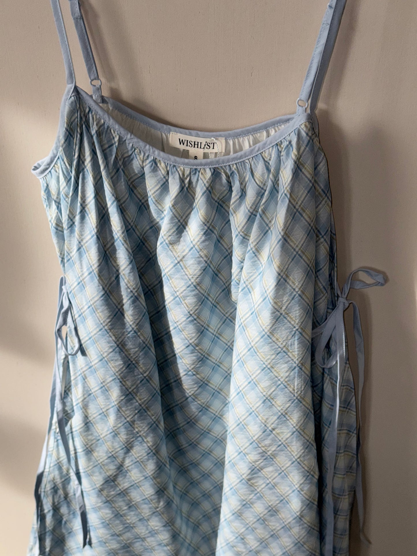 Wishlist - Blue/White Plaid Spaghetti Strap Mini Dress w/ Side-tie Detail