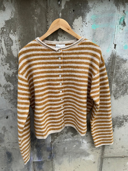 Miou Muse - Yellow/Oat Striped Button Front Cardigan