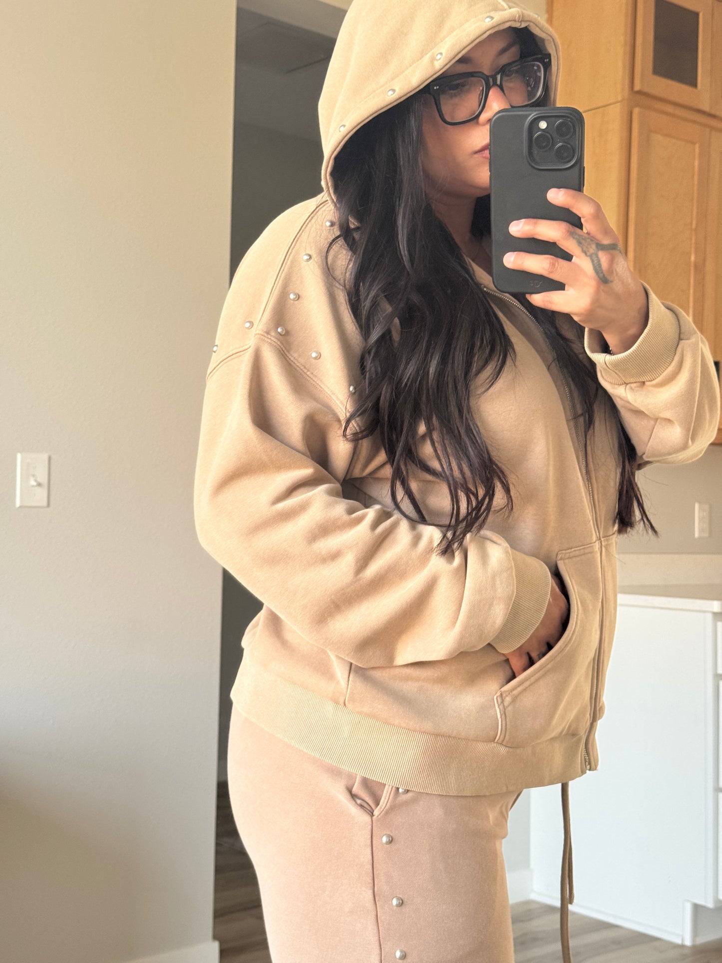 Le Lis - Beige Washed Effect Studded Zip-up Hoodie