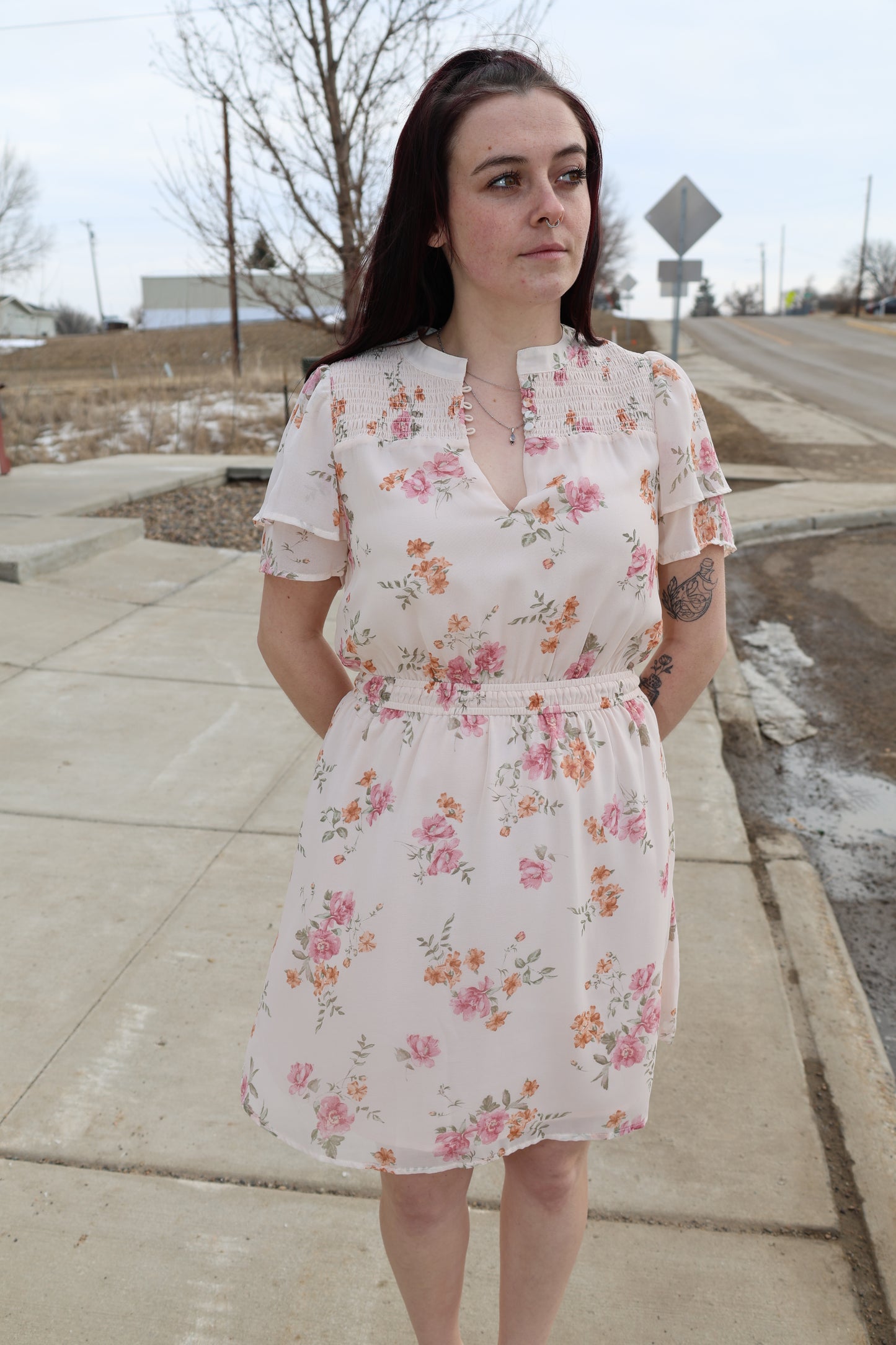 Lovestitch - Floral Smocked Yoke Flutter Sleeve Mini Dress