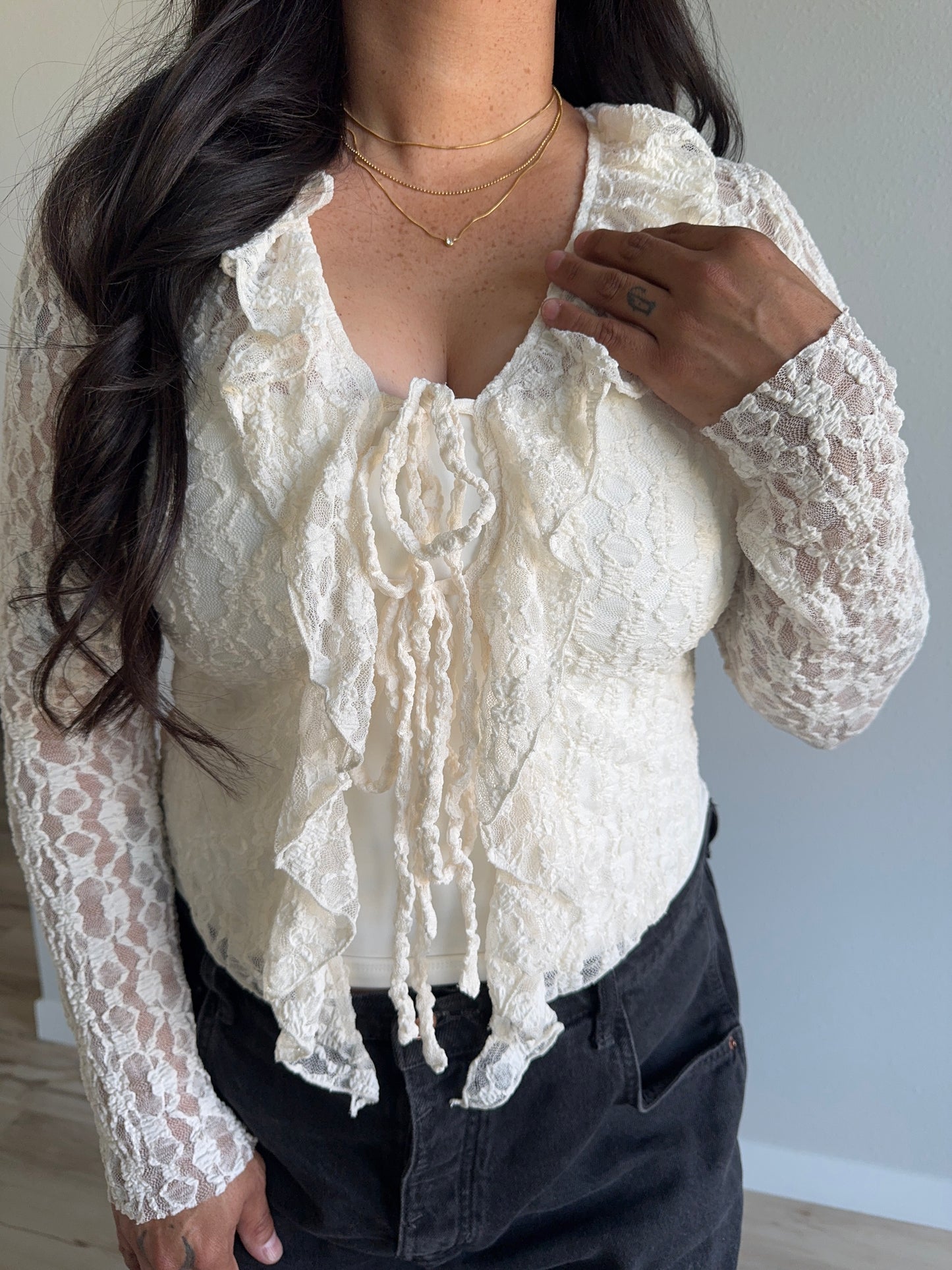 Dress Forum - Ivory Lace Long Sleeve Tie Front Top