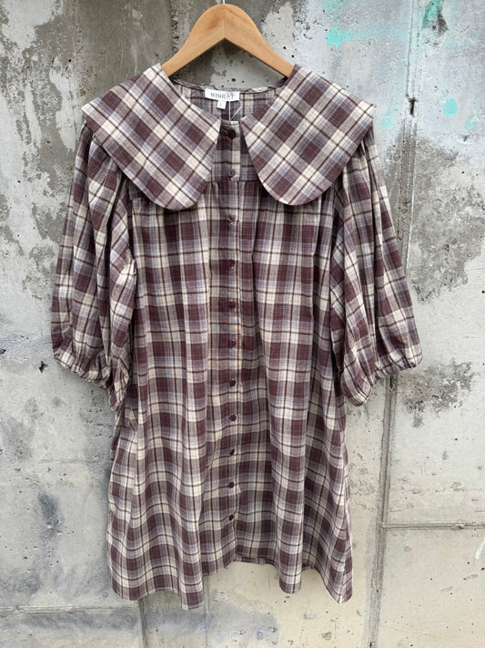 Wishlist - Brown Plaid Puffed Sleeve Collared Dress