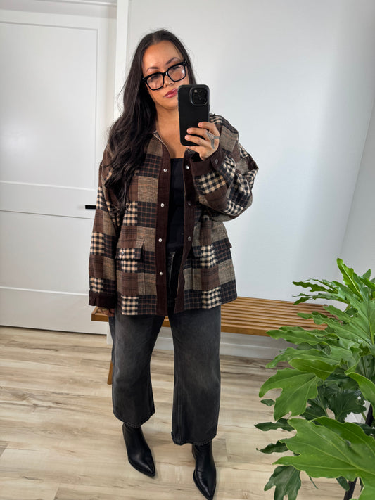 What’s It Gonna Be gingham patch Shacket