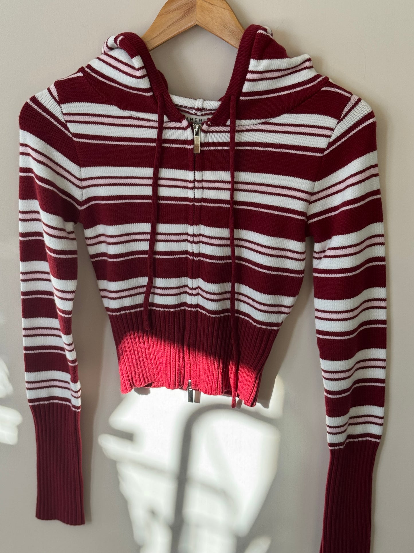 Kimberly C - Red & Pink Candy Stripe Zip-up Cropped Hoodie