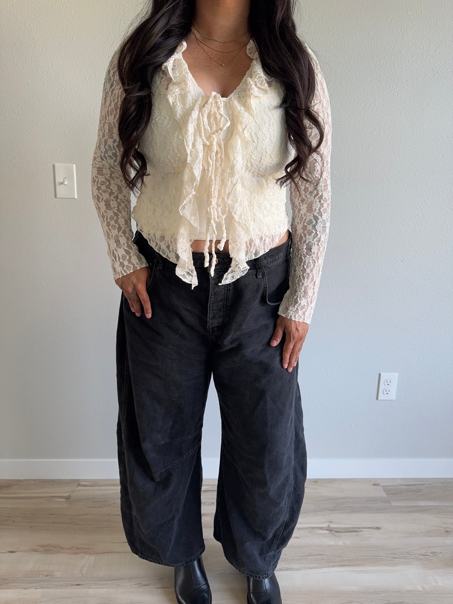 Dress Forum - Ivory Lace Long Sleeve Tie Front Top