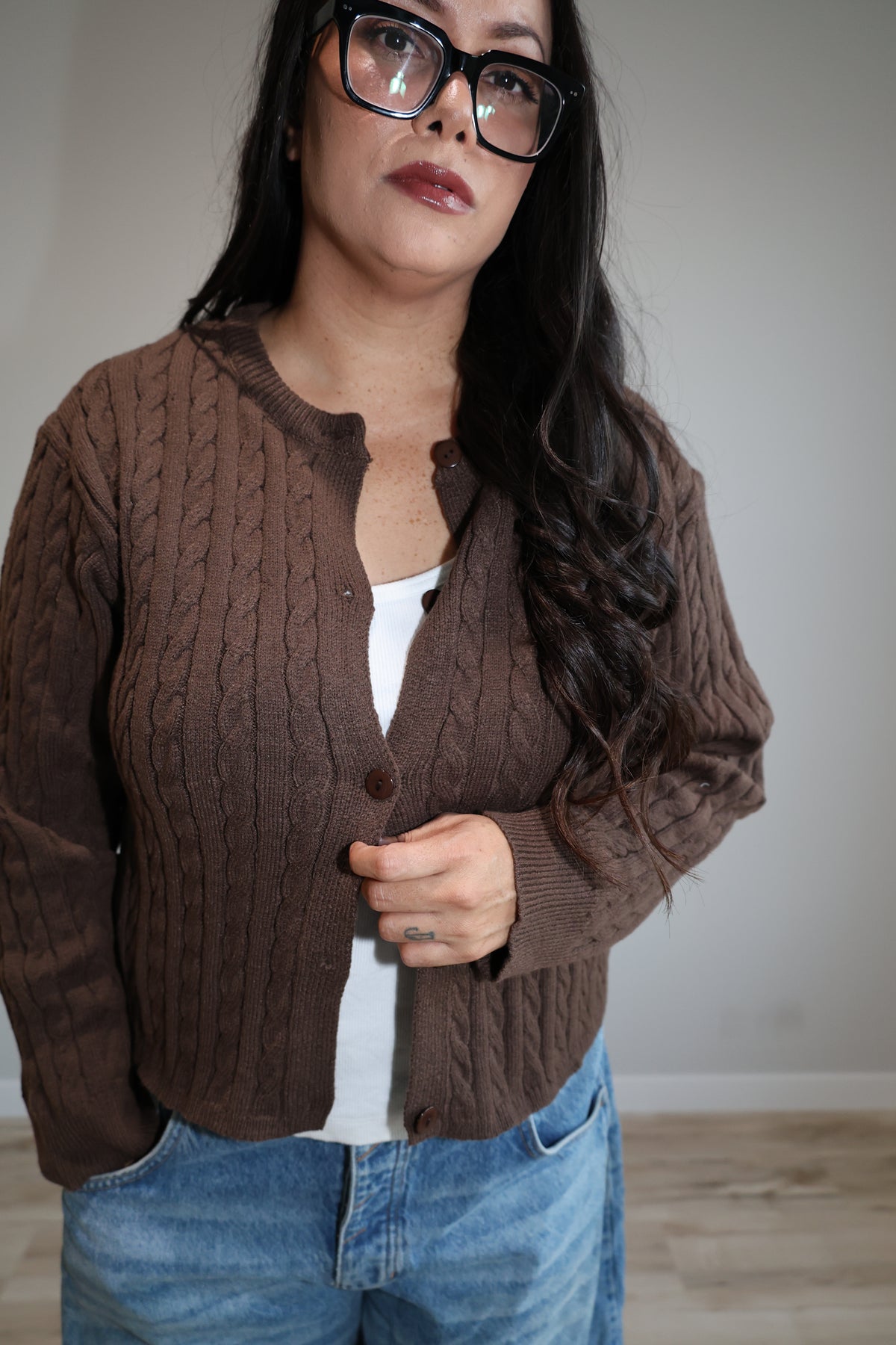 Places To Be cable boxy sweater cardigan