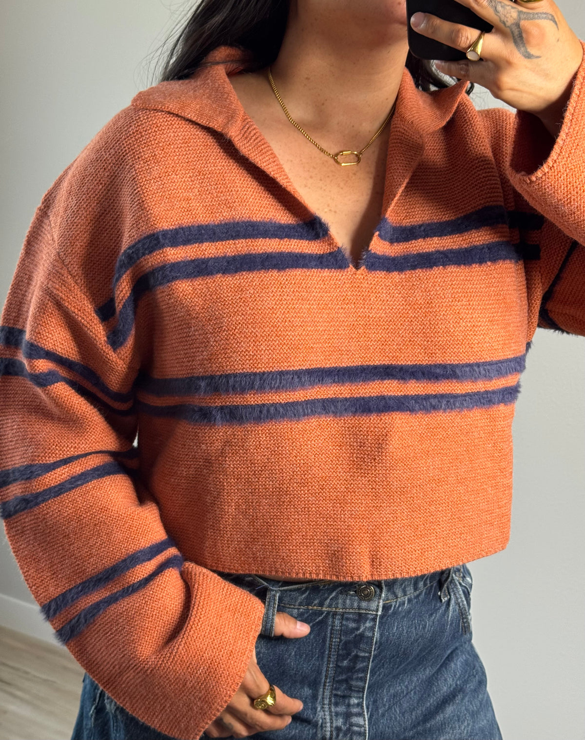 Buttermelon - Rust/Navy Collared V-Neck Sweater