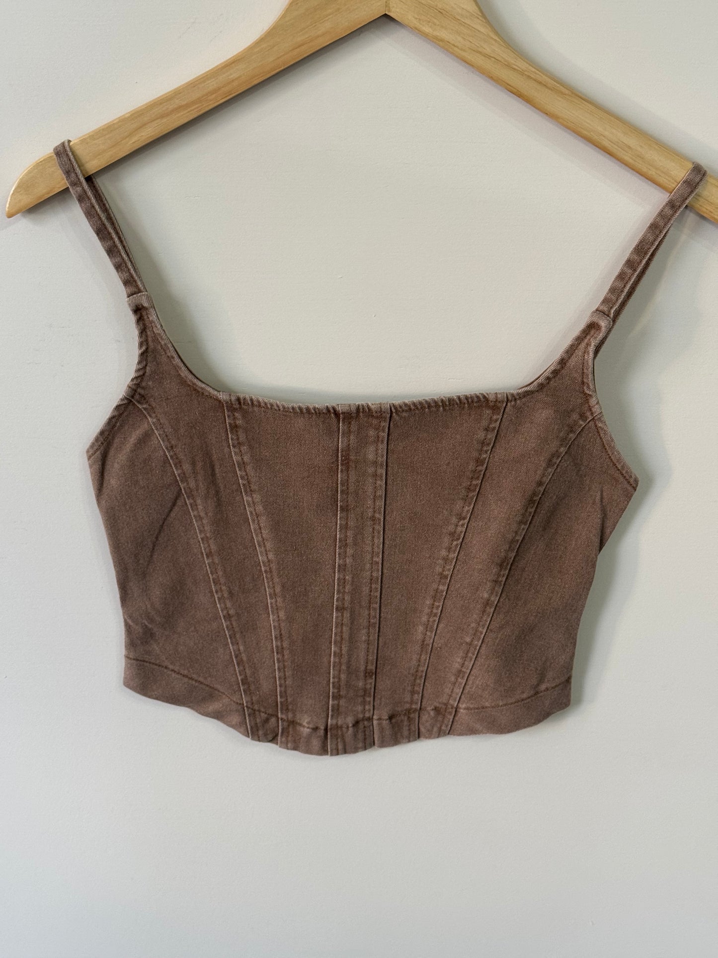 Timing - Corset Stitch Spaghetti-strap Denim Top w/ Zipper