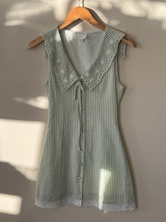 Le Lis - Green Gingham Button-up Mini Dress w/ Big Collar