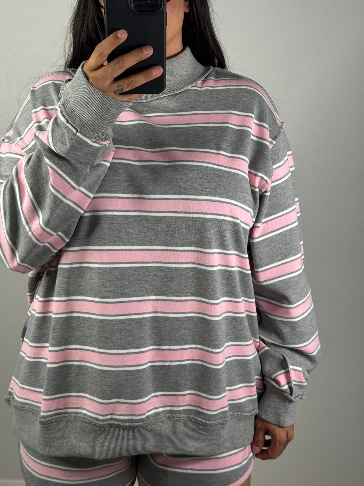 What's Your Sign stripe oversized mock neck sweatshirt