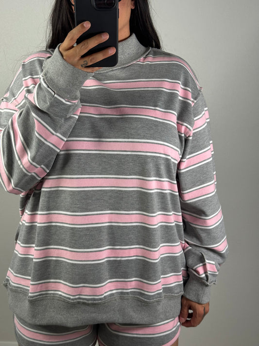 What's Your Sign stripe oversized mock neck sweatshirt