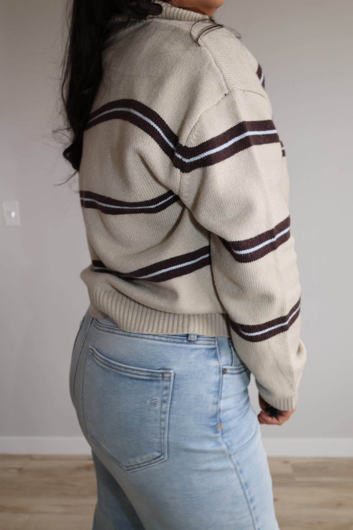 Take The Long Way striped zip up mock neck sweater