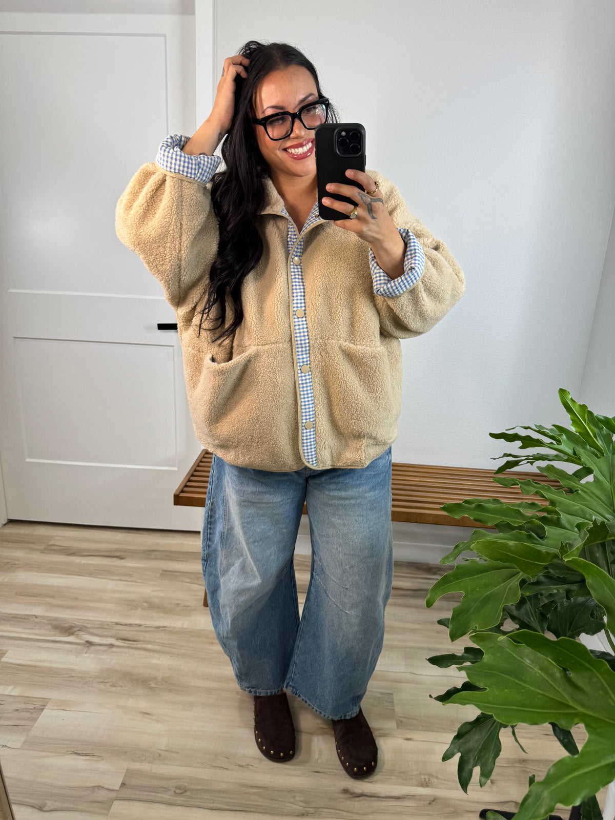 Are You Joking gingham sherpa snap jacket