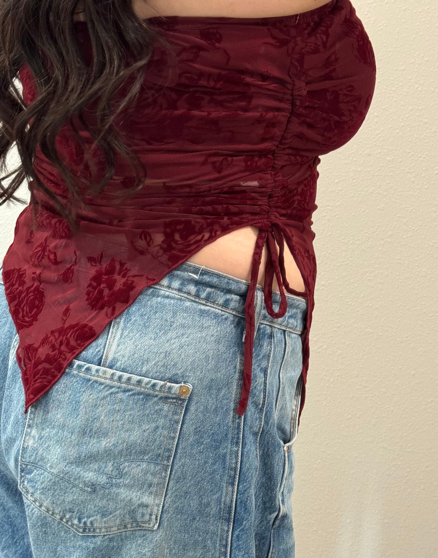 TIMING - Floral Flocked Mesh Handkerchief Tube Top