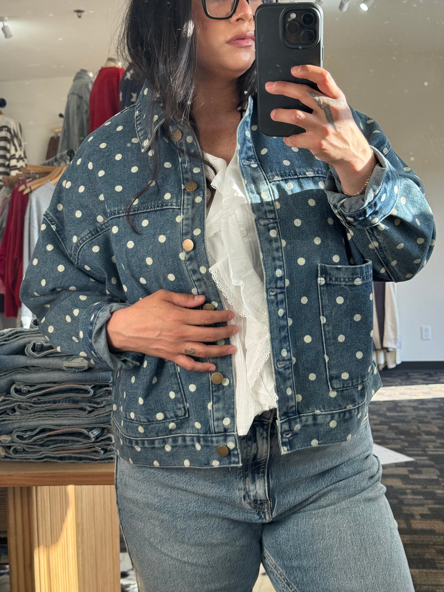 Miou Muse - White Polka Dot Demin Jacket
