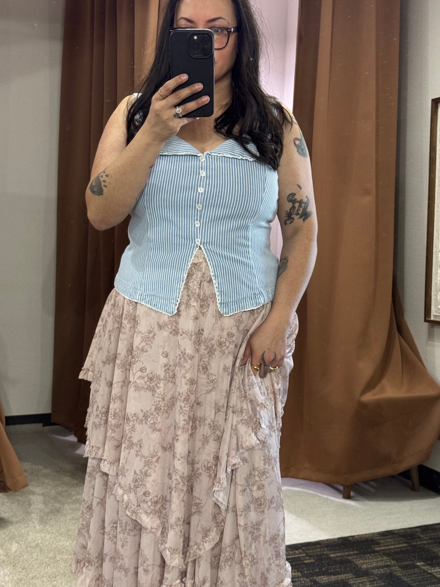 SKIES ARE BLUE light wash denim vest with lace trim