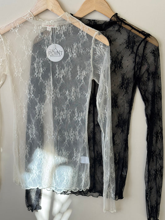 Sweet Generis - Mesh Lace High-neck Long Sleeve Top