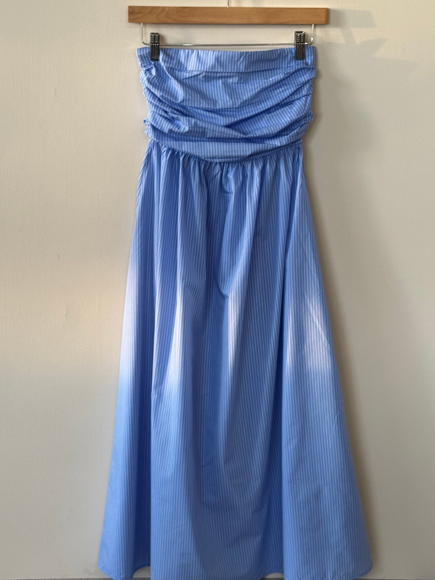 Active USA - Blue/White Vertical Stripe Strapless Midi Dress
