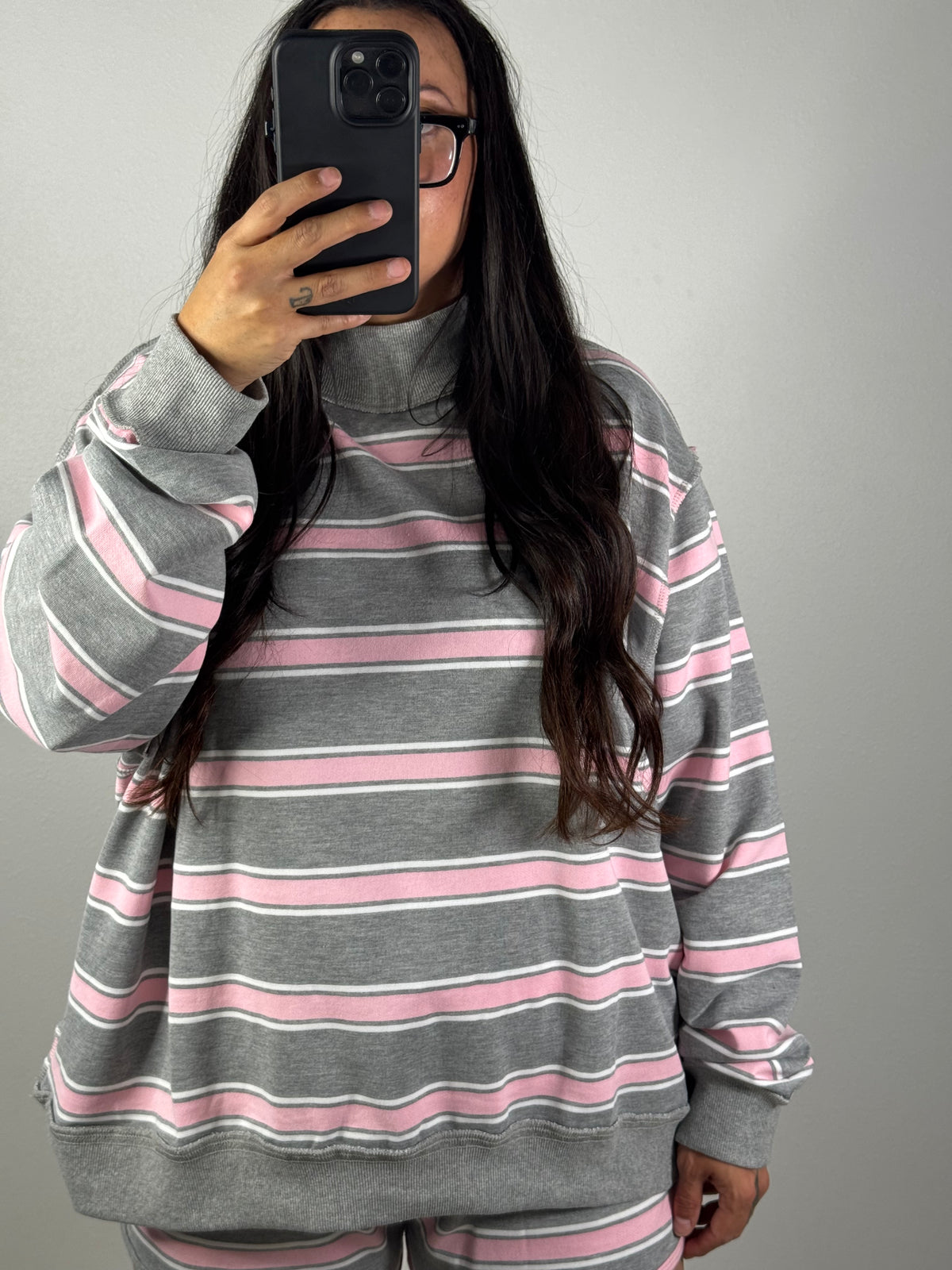 What's Your Sign stripe oversized mock neck sweatshirt